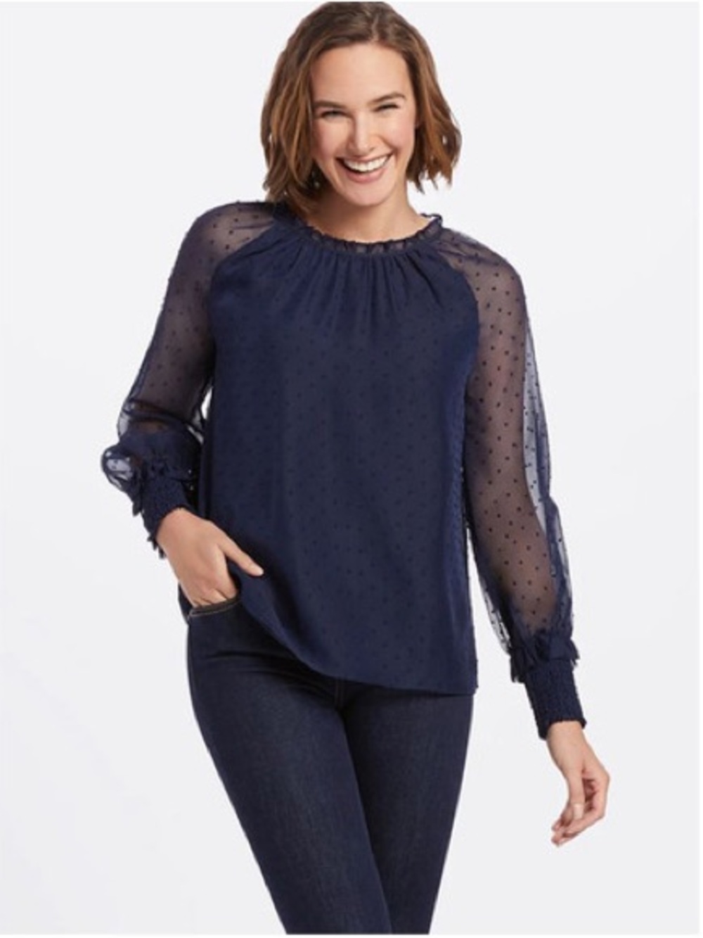 Draper James Navy Sheer Dot Long-Sleeve Blouse